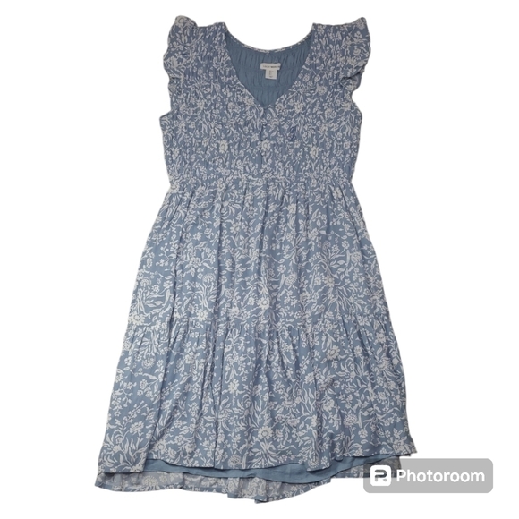 Lucky Brand Ruffle Sleeve V-neck Smocked Bodice Midi Dress Size Large - Picture 2 of 12